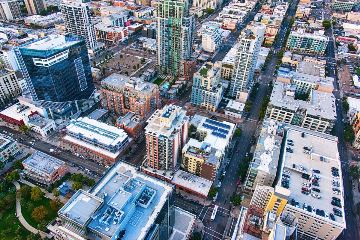 The downtown East Village neighborhood of San Diego, California, shot from above during a helicopter photo flight.  This generic image makes for a good urban background.