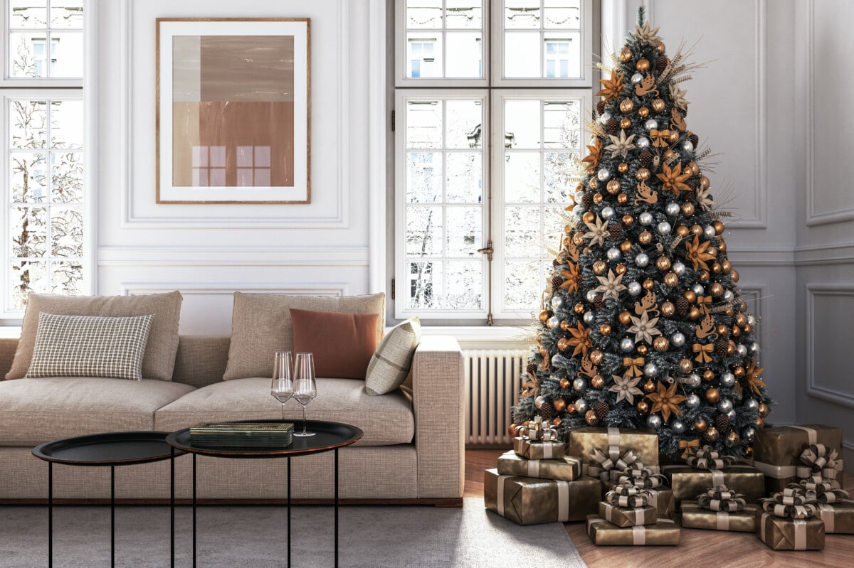 Christmas Tree in living room  interior - stock photo