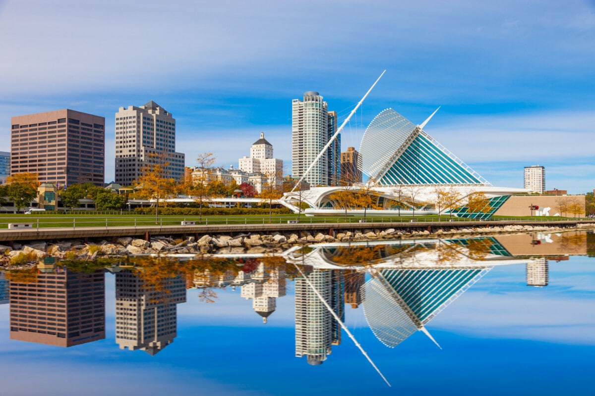 Skyscrapers skyline of Milwaukee and Lake Michigan, WI