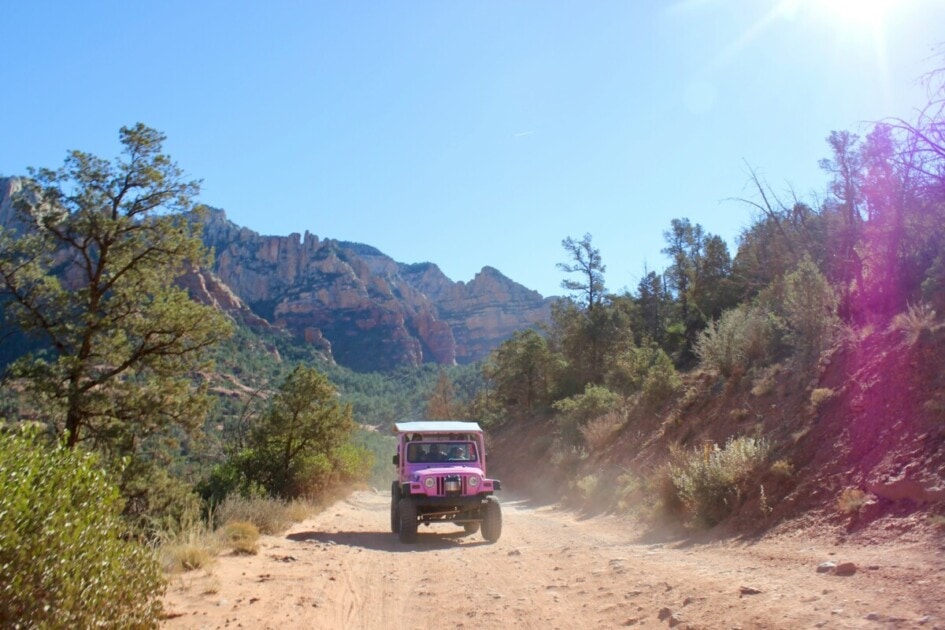 Pink Jeep through sedona mountains