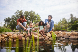 Parents and their little daughters looking in a pond outside in their garden