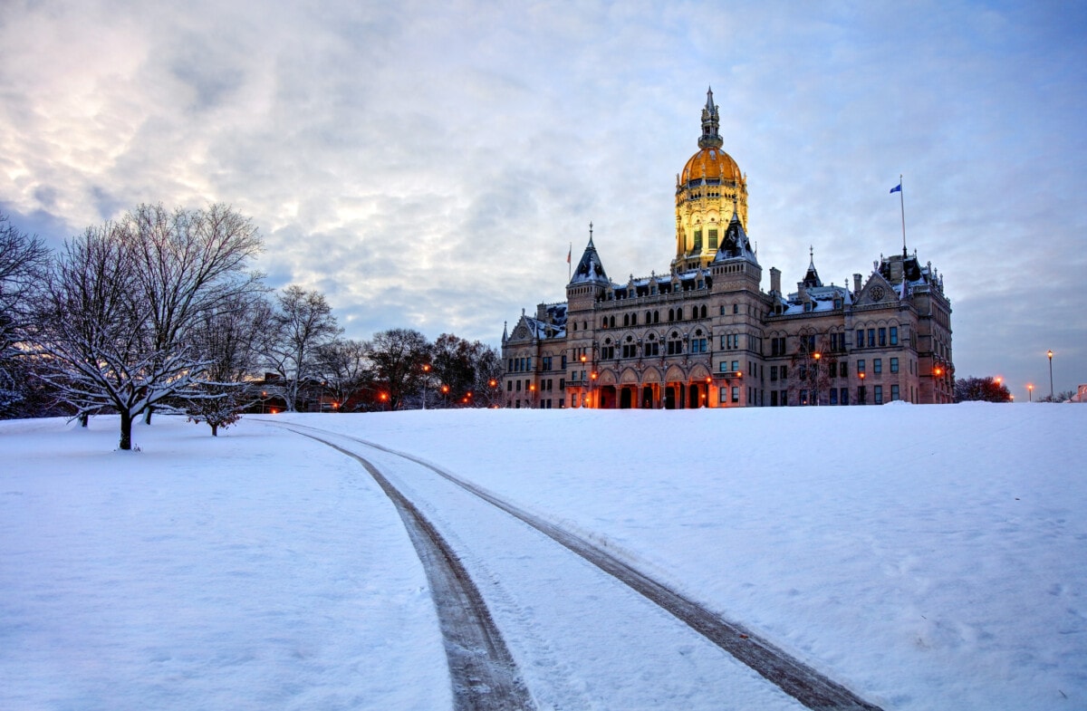 The Connecticut State Capitol is located north of Capitol Avenue and south of Bushnell Park in Hartford, the capital of Connecticut.