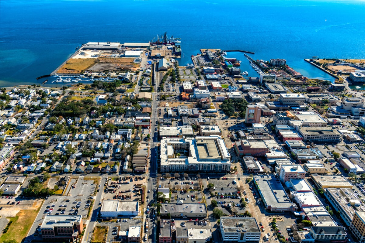 Aerial view of downtown Pensacola, Florida from an altitude of about 500 feet during a helicopter photo flight.