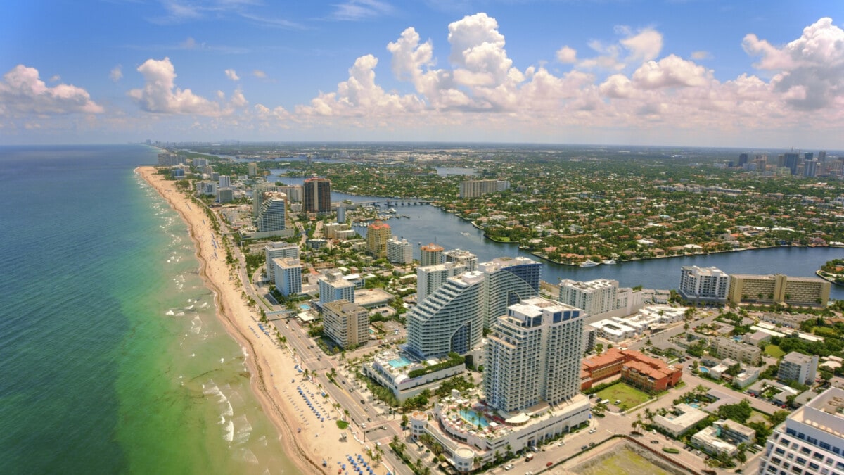 Aerial view of waterfront hotels on Central Beach, Fort Lauderdale, Florida, USA.