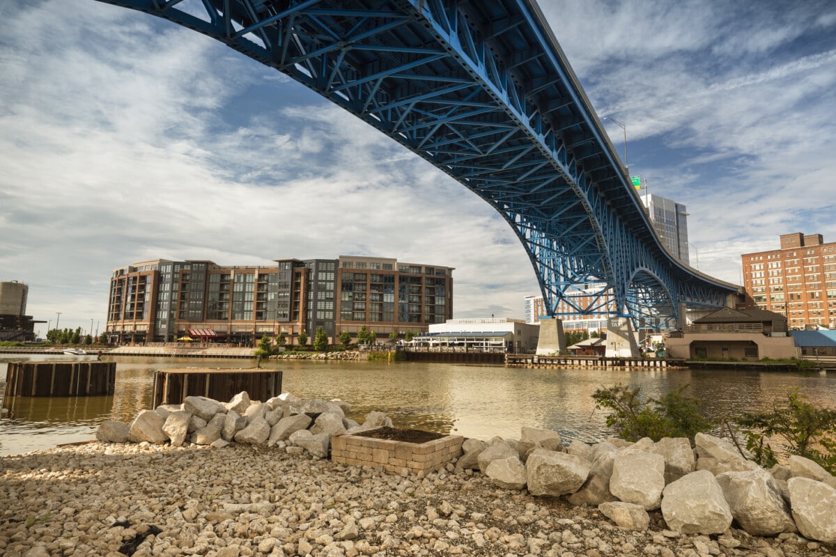 Day time cityscape of urban Cleveland Ohio USA over the Cuyahoga river and the Flats