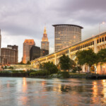 Cityscape skyline view of downtown Cleveland Ohio USA from the marina across the Cuyahoga river