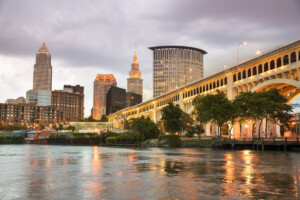 Cityscape skyline view of downtown Cleveland Ohio USA from the marina across the Cuyahoga river