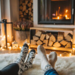 two people near a fireplace