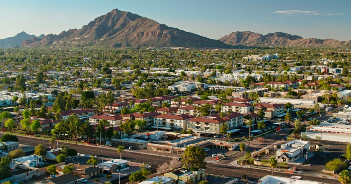 Aerial shot of residential streets in Scottsdale, Arizona on a clear, sunny spring afternoon. Authorization was obtained from the FAA for this operation in restricted airspace.