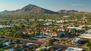 Aerial shot of residential streets in Scottsdale, Arizona on a clear, sunny spring afternoon. Authorization was obtained from the FAA for this operation in restricted airspace.