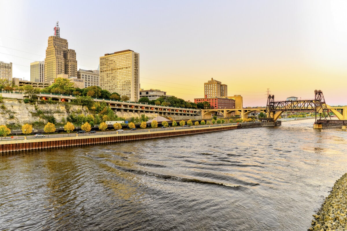 Vibrant Sunset with St. Paul City Skyline and Mississippi Riverfront_getty