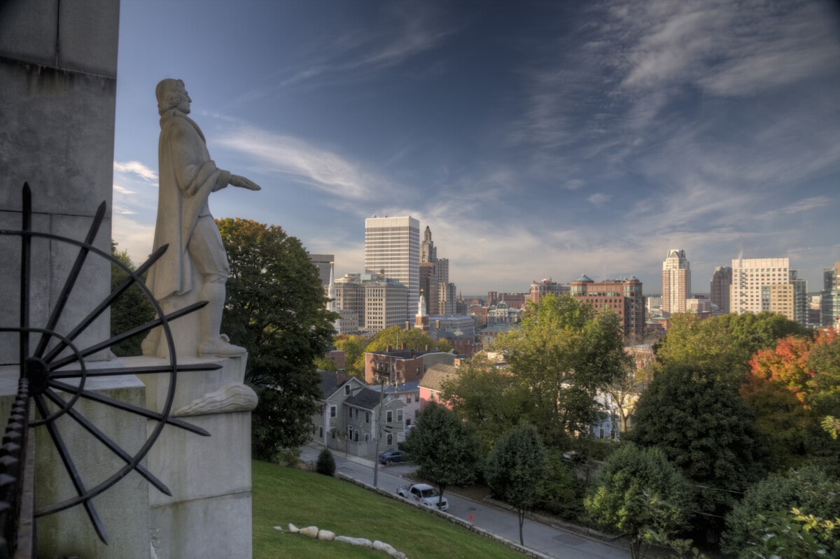 View of downtown Providence from Prospect Terrace Park. Statue of Roger Williams overlooks the city he founded.