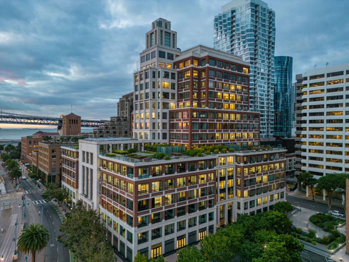 Aerial view of skyscrapers along the Embarcadero in San Francisco.