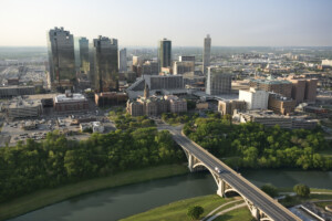 aerial view of fort worth texas with buildings and bridge