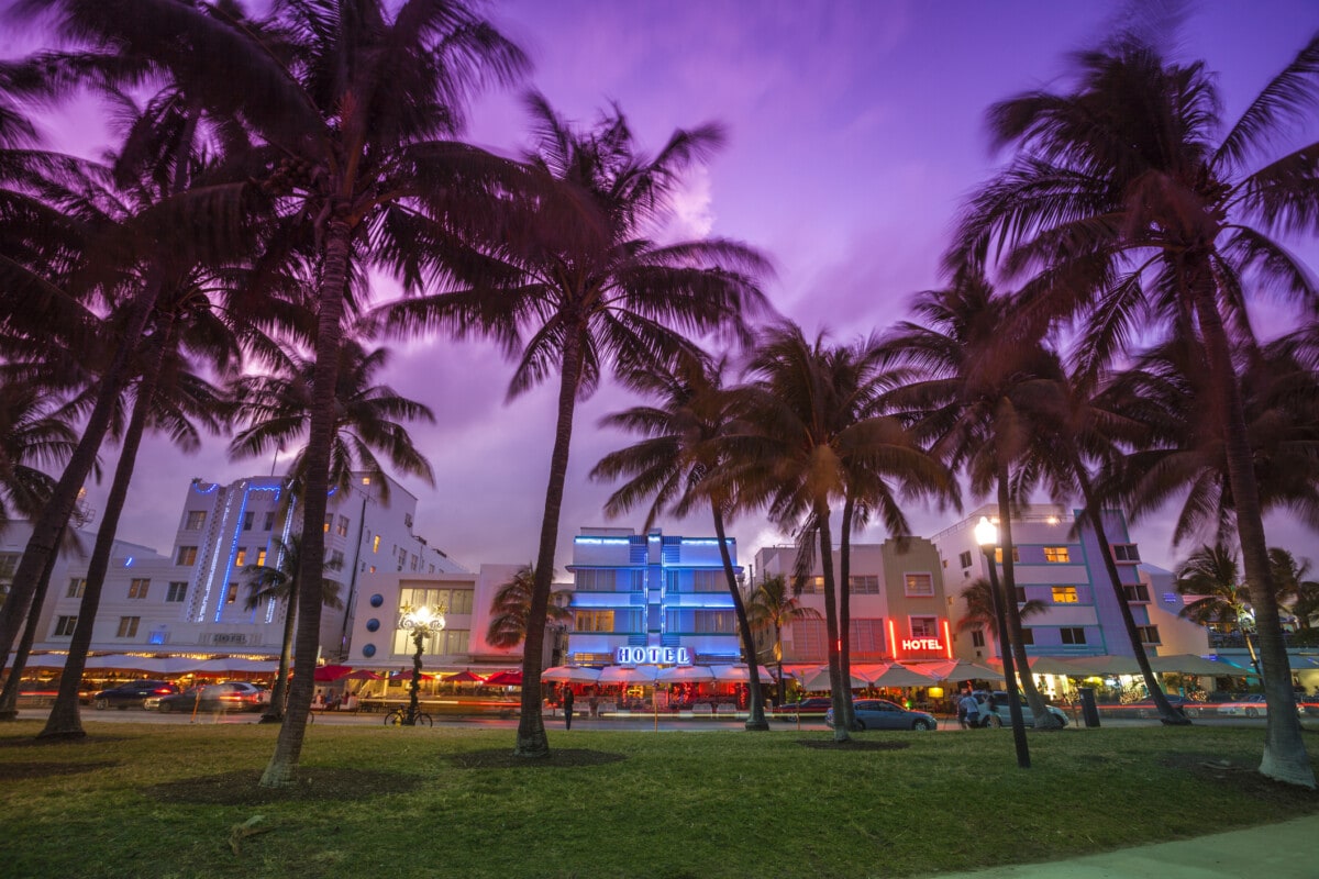 Nightlife on the art deco district of South Beach in Florida USA