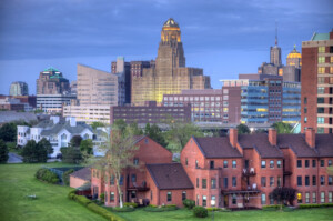 Downtown Buffalo skyline along the historic waterfront district. Buffalo is a city in the U.S. state of New York and the seat of Erie County located in Western New York on the eastern shores of Lake Erie. Buffalo is known for its close proximity to Niagara Falls, good museums and cultural attractions