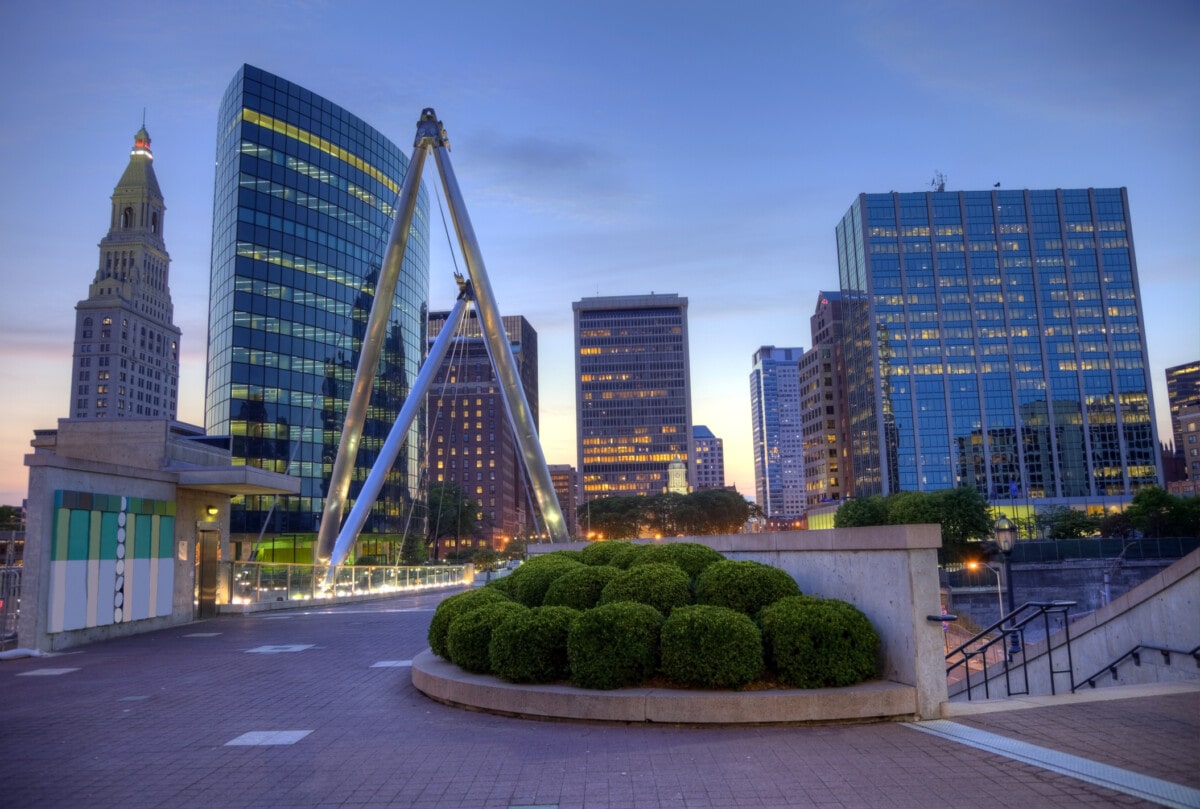 Downtown Hartford Connecticut skyline at dusk. Hartford is the capital of the U.S. state of Connecticut. Hartford is known for its attractive architectural styles and being the Insurance capital of the United States.