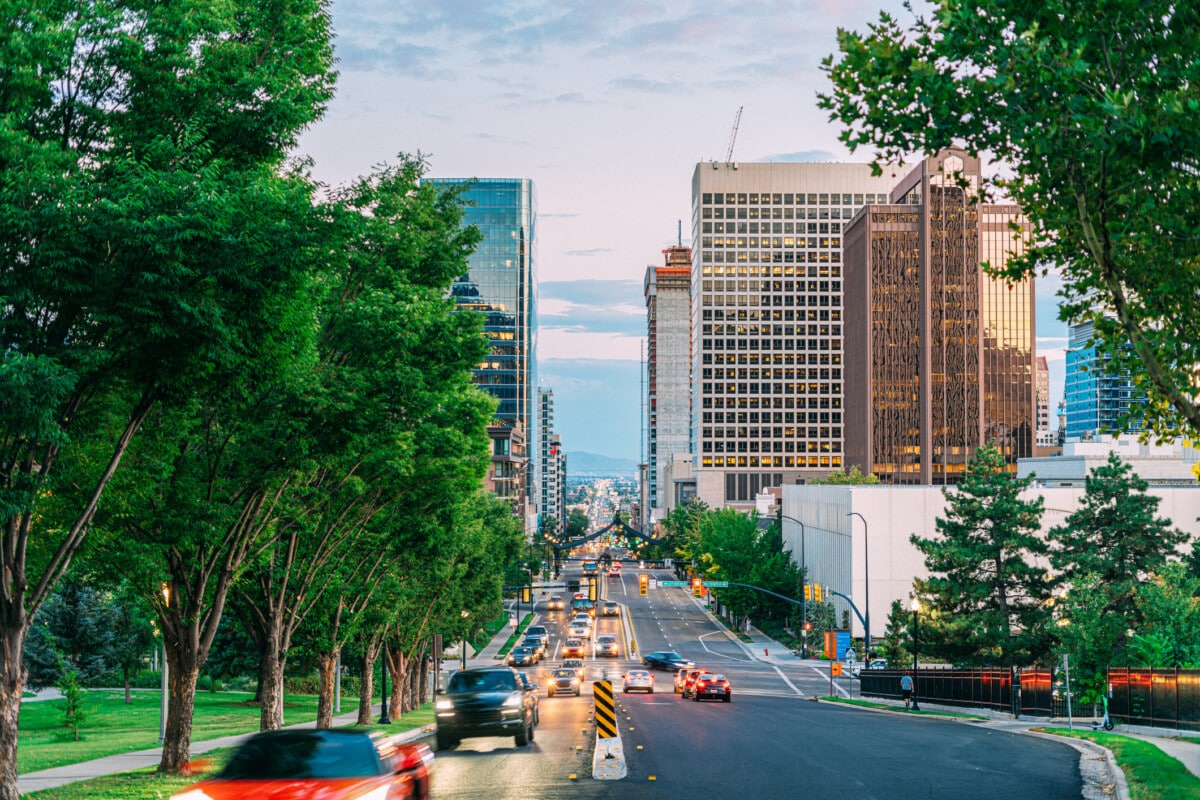 Busy Traffic in Downtown Salt Lake City, Utah, USA, Looking South from State Street and North Temple in the Summer