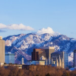 Skyline of Salt Lake City, Utah, USA in early spring as the sun sets.