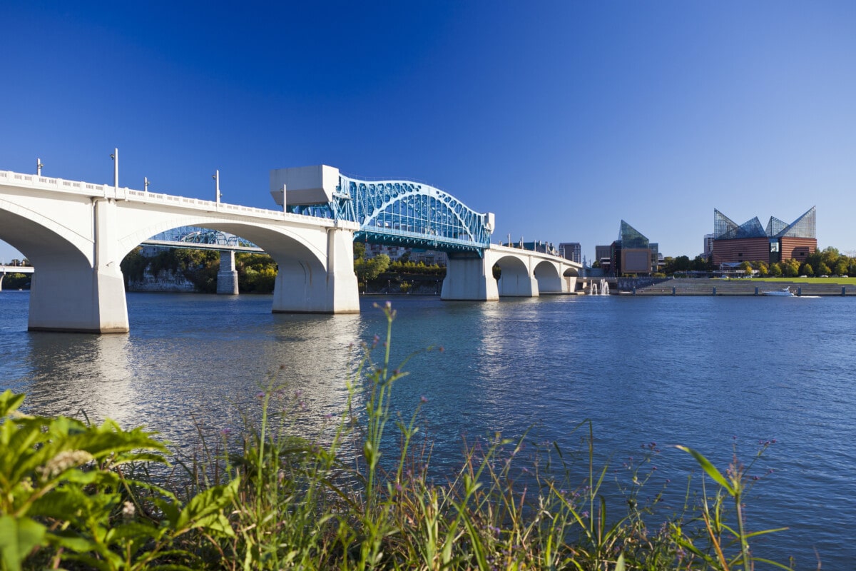 Downtown Chattanooga With The Market Street Bridge And Aquarium