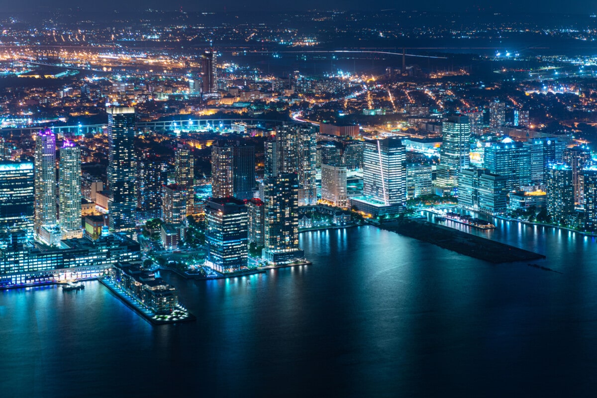 Jersey City aerial skyline at twilight