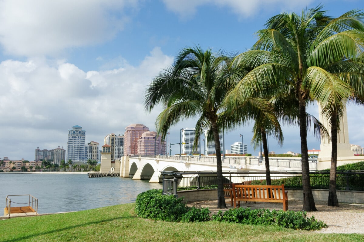 West Palm Beach, Florida cityscape seen from Palm Beach across the Intracoastal Waterway.