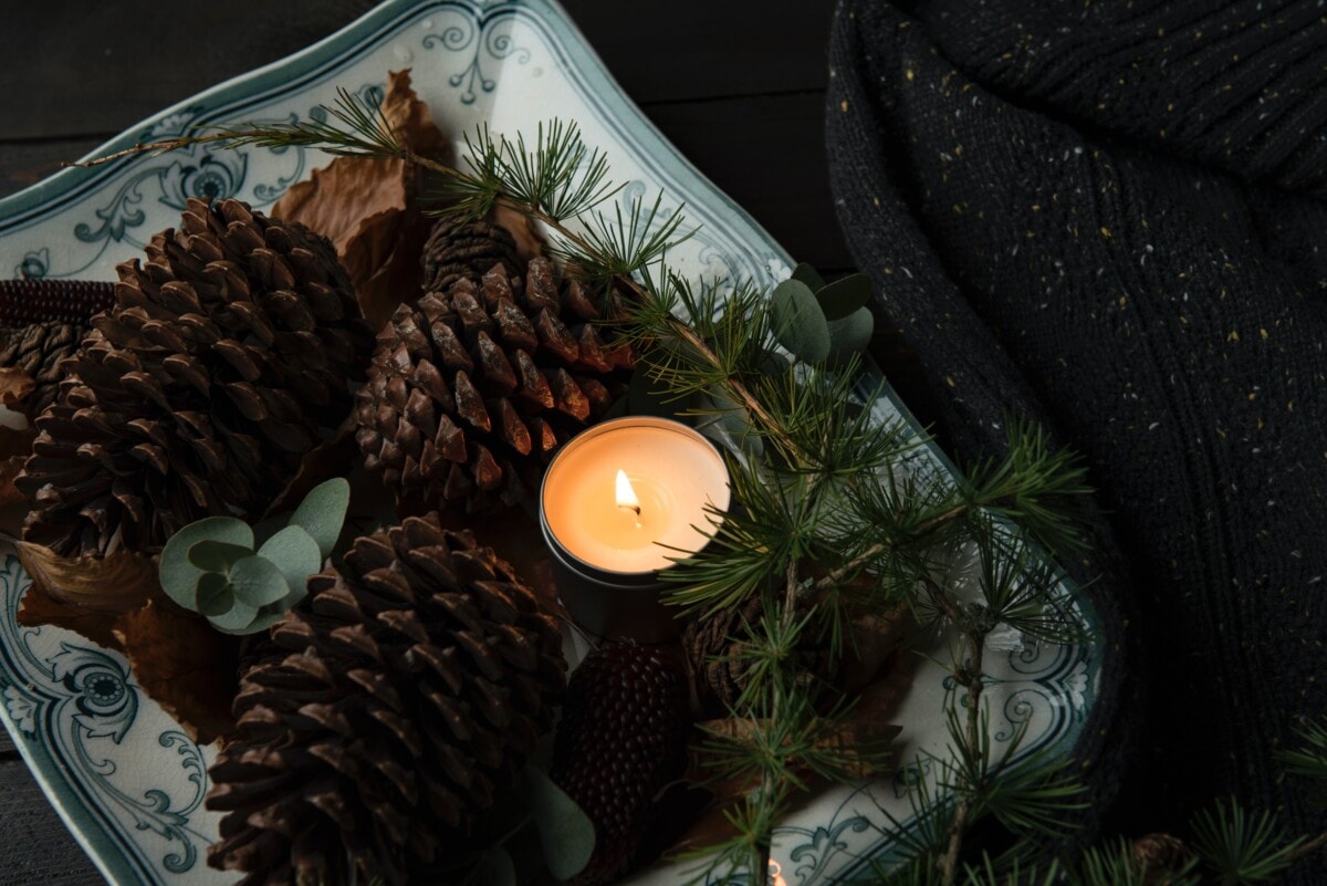 A candle with pinecones surrounding it
