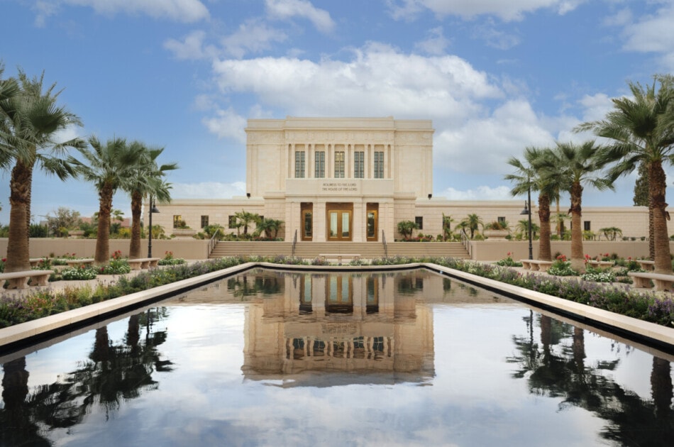 Mesa Temple seen reflecting in a pool of water. A perfect stop for a Mesa bucket list.