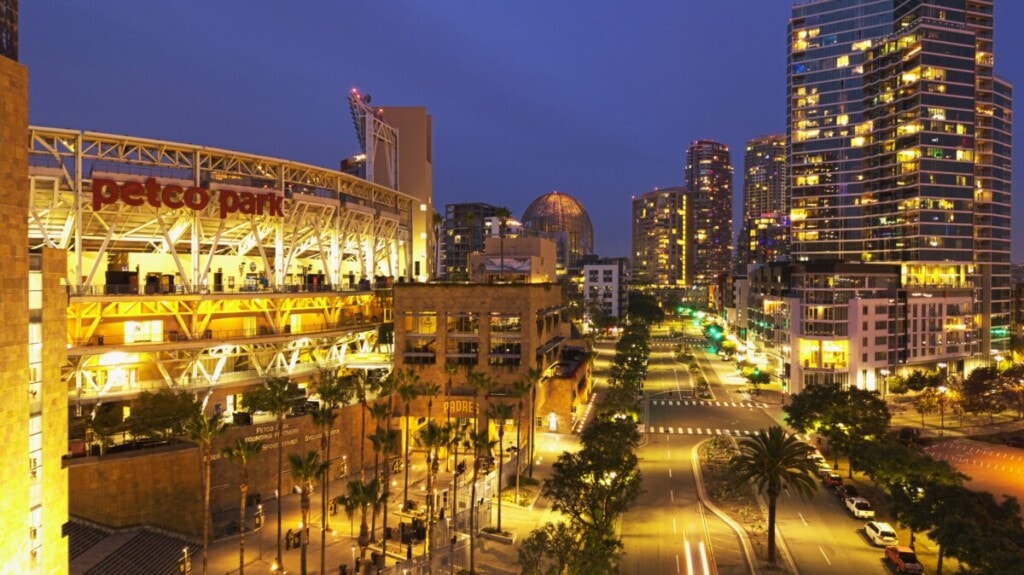 view of petco park at night in east village, san diego, ca
