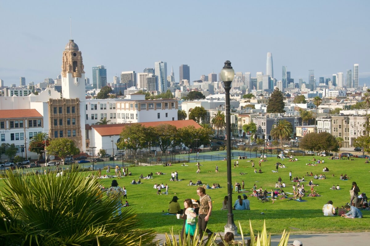 Busy hillside in Mission Dolores Park San Francisco