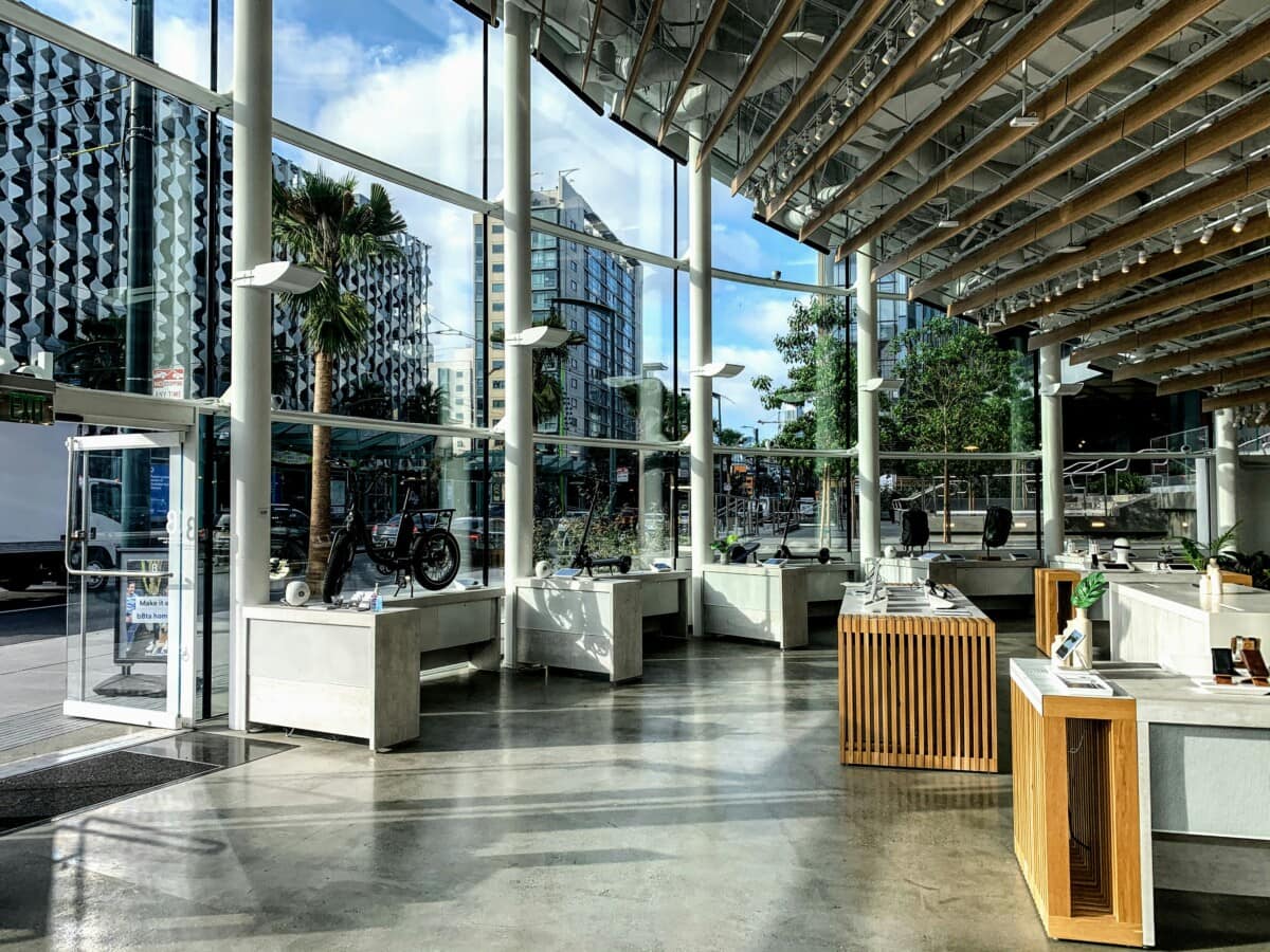 interior of tech store with floor to ceiling windows in mission bay san francisco