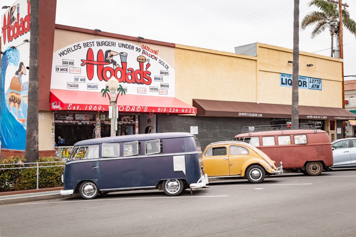 Hodad's in San Diego's Ocean Beach Neighborhood with vintage cars out front