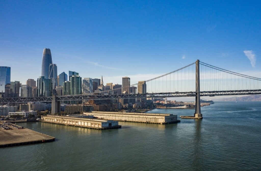 bay bridge with sf skyline on a sunny day