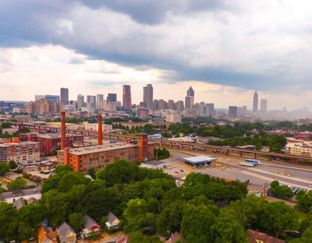 aerial view overlooking downtown atlanta from inman park