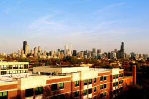 aerial view of chicago skyline from depaul university