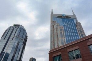 view of high-rise commercial buildings in 12 east neighorhood of nashville on overcast day