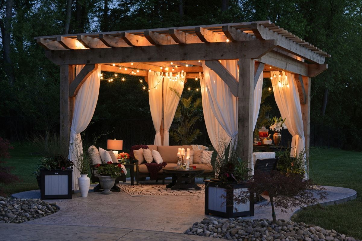 patio with furniture and lights