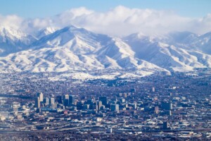 aerial view of salt lake city with mountains