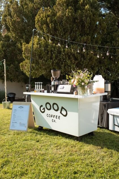 Good Coffee Co.'s white mobile cart, the ultimate Lake Elsinore bucket list notes following them to find local events