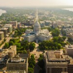 Birds-eye view of Madison with the Wisconsin State Capitol in the center