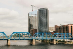 Grand Rapids Blue bridge with buildings in the back