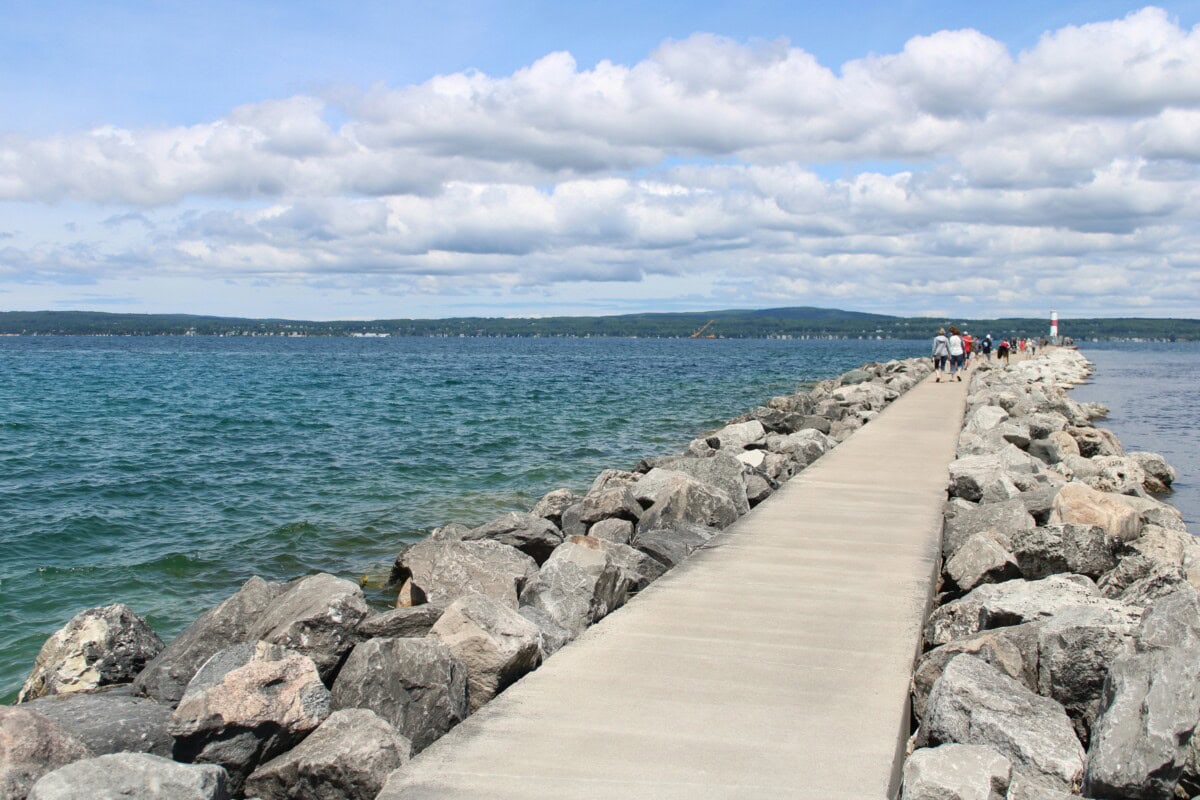 stone walkway into traverse bay in traverse city mi