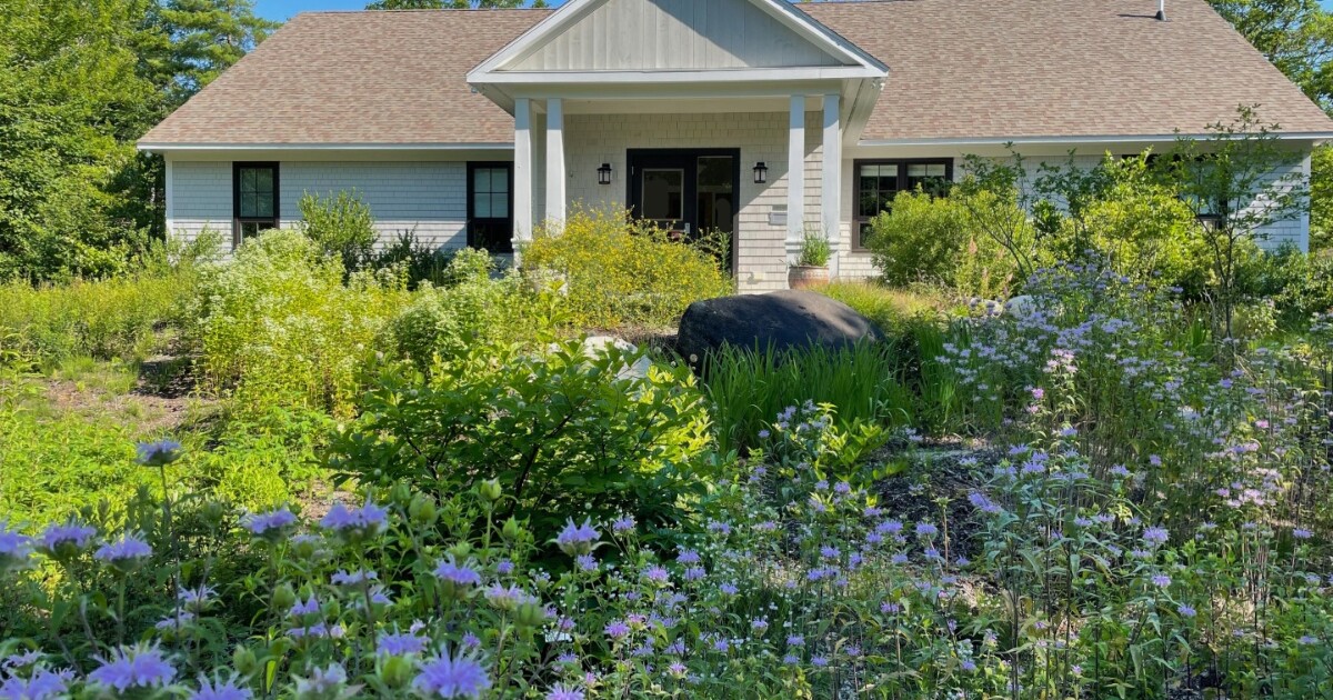Home with diverse front yard garden