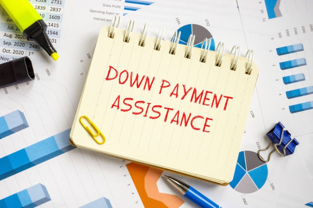 Can you get a loan for a down payment or can you borrow money for a down payment are great keywords. The image shows "DOWN PAYMENT ASSISTANCE," which directly relates to these search queries. It highlights a key financial consideration for many people looking to buy a home.
