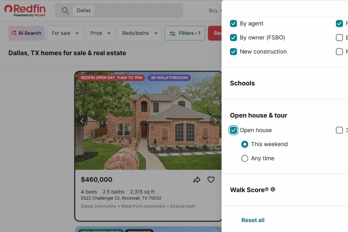 Screenshot showing how to find open houses on Redfin in Dallas, TX: open the Filters menu, go to “Open house & tour,” check “Open house,” then select “This weekend” to view homes with upcoming open houses.
