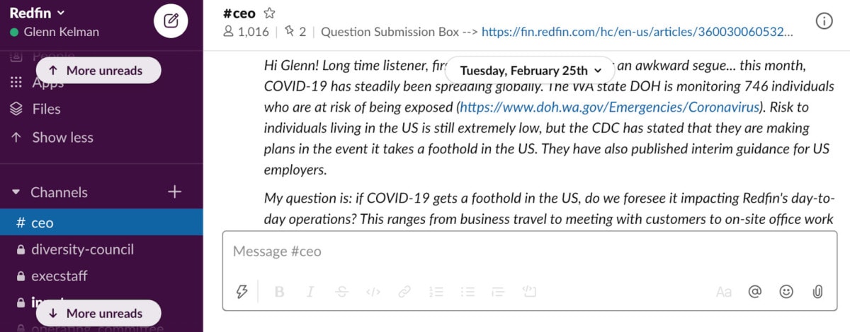 We got the first employee question about coronavirus on February 18. But I didn’t respond until February 25.